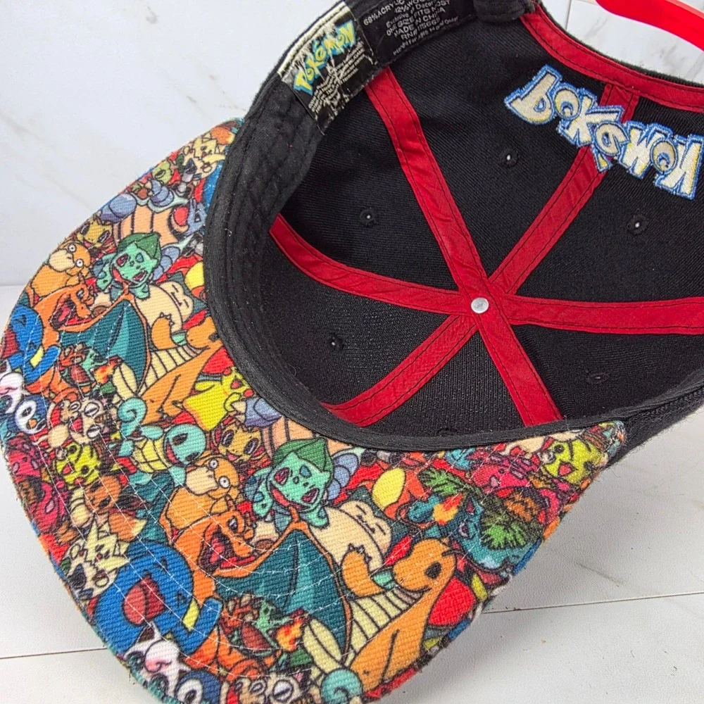 Pokemon Snapback Hat Black Multi Character Print Pokeball Patch‎ Cap